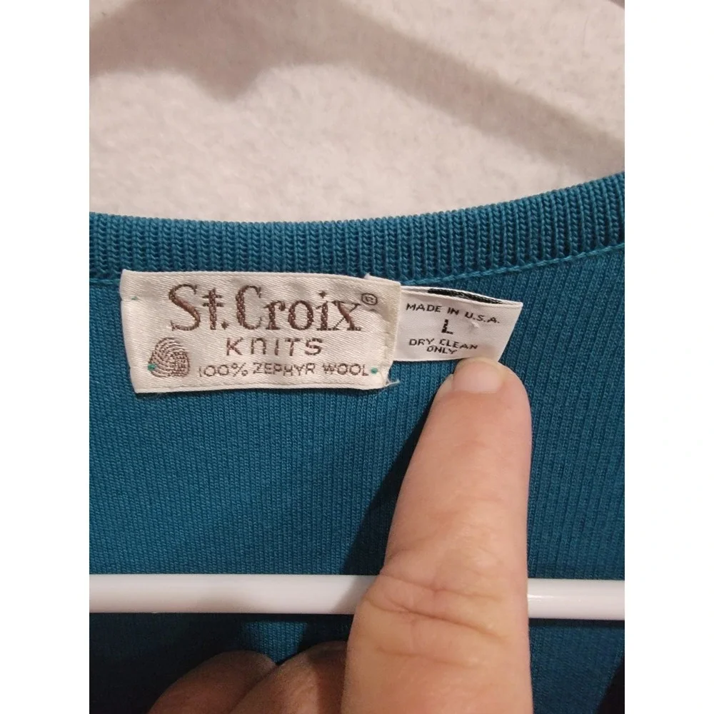 VTG 90s St. Croix Knits Men L V-Neck Sweater 100% Zephyr Wool Teal Blue USA Made